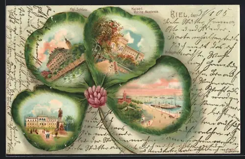 Passepartout-Lithographie Kiel, Kgl. Schloss, Universität, Kriegshafen, Kaiserl. Marine Akademie