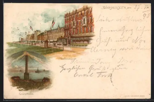 Lithographie Norderney, Kaiserstrasse, Leuchtturm bei Mondschein
