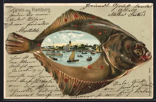 Passepartout-Lithographie Hamburg-Uhlenhorst, Gasthaus Uhlenhorster Fährhaus in einer Flunder