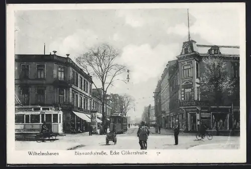 AK Wilhelmshaven, Bismarckstrasse, Ecke Gökerstrasse, Strassenbahn, Herrenanzüge H. Karsten