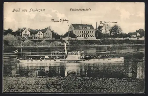 AK Dresden-Laubegast, Gartenbauschule mit Dampfer MS Bodenbach