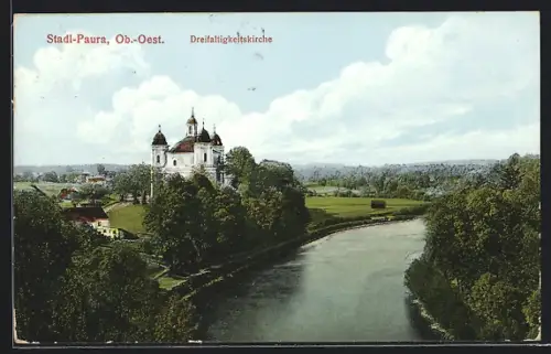 AK Stadl-Paura, Dreifaltigkeitskirche und Fluss