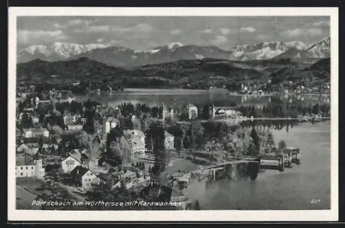 AK Pörtschach, Teilansicht mit Bootshäusern, Karawanken