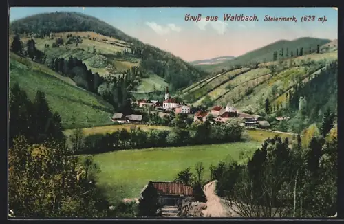 AK Waldbach, Totalansicht mit Gebirge