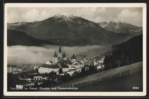 AK Mariazell im Nebel, Kirche mit Ötscher und Gemeindealpe