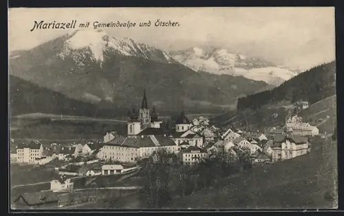 AK Mariazell, Kirche mit Gemeindealpe und Ötscher