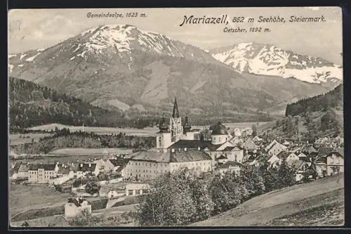 AK Mariazell /Steiermark, Wallfahrtskirche, Gemeindealpe und Oetscher