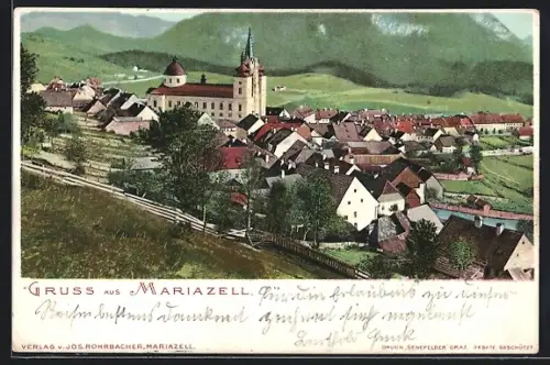 AK Mariazell, Ortspartie mit Kirche