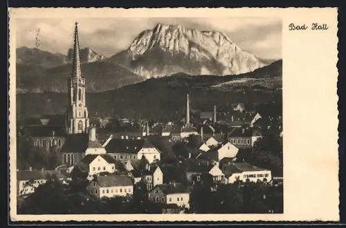AK Bad Hall /Oberösterreich, Ortsansicht mit Kirchturm und Bergpanorama