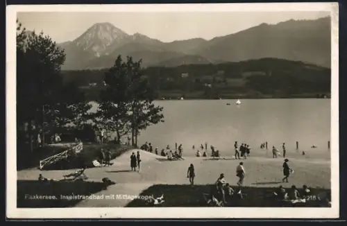 AK Faakersee, Partie aus dem Indelstrandbad mit Mittagskogel im Hintergrund