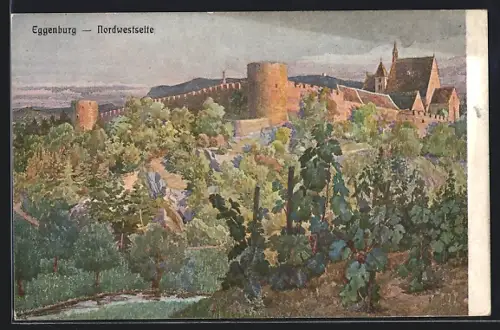 Künstler-AK Eggenburg, Blick auf Weinreben und Stadtmauer
