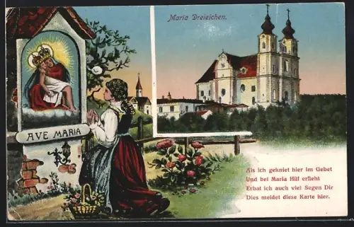 AK Maria Dreieichen, Betende Frau in Tracht und Blick auf Kirche