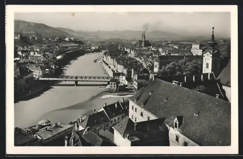 AK Steyr a. d. Enns, Ortsansicht mit Brücke vom Tabor aus