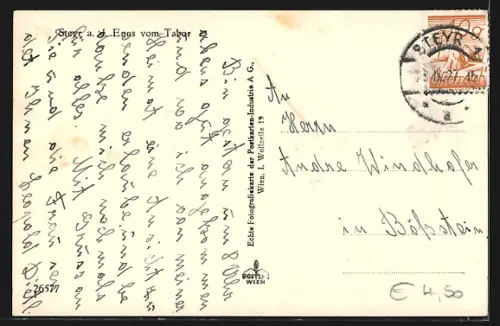 AK Steyr a. d. Enns, Ortsansicht mit Brücke vom Tabor aus