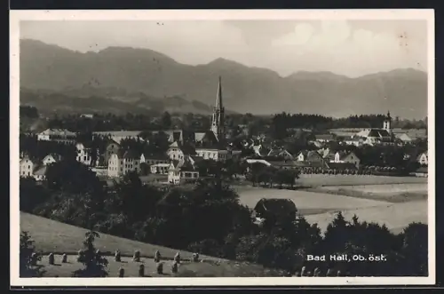 AK Bad Hall /Ob.Öst., Ortsansicht mit Kirche, im Vordergrund Heugarben