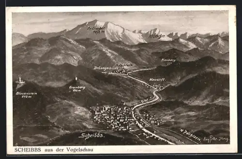 AK Scheibbs, Ortsansicht aus der Vogelschau mit Greinberg und Ötscher