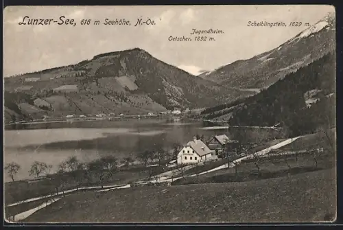 AK Lunz am See, Blick auf den Lunzer See mit Jugendheim und Scheiblingstein