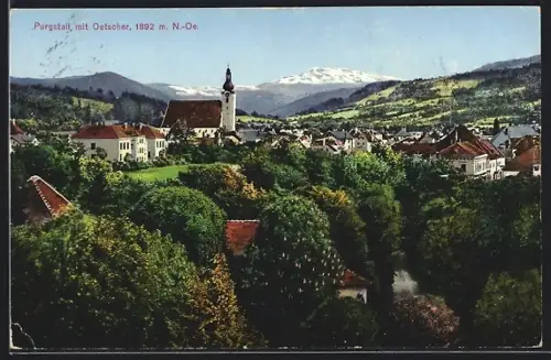 AK Purgstall /N.-Oe., Ortsansicht mit Oetscher im Hintergrund