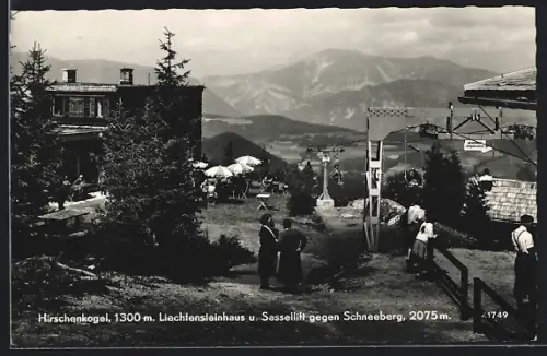 AK Semmering, Hirschenkogel mit Gastwirtschaft Liechtensteinhaus und Sessellift gegen den Schneeberg