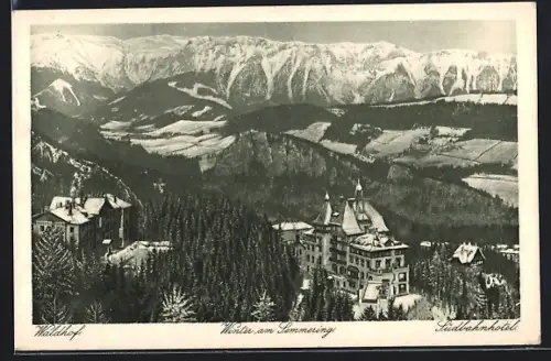 AK Semmering, Ortsansicht mit Südbahnhotel und Hotel Waldhof im Winter