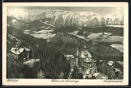 AK Semmering, Ortsansicht mit Hotel Waldhof und Südbahnhotel im Winter