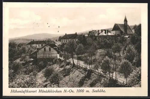 AK Mönichkirchen /N.-Oe., Ortspartie mit Kirche und Fahrweg