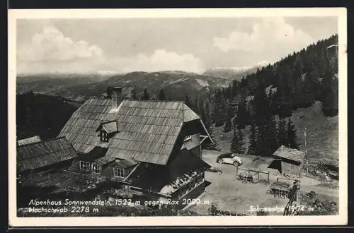 AK Semmering, Gasthof Sonnwendstein gegen Rax und Hochschwab, H. Engleder