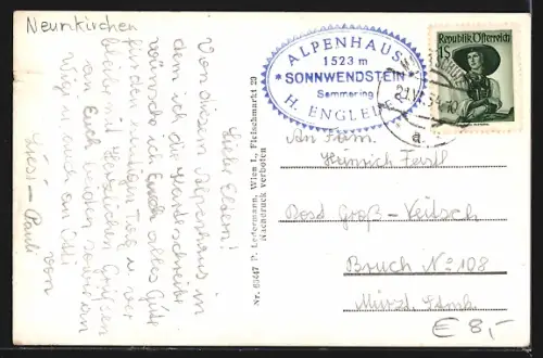 AK Semmering, Gasthof Sonnwendstein gegen Rax und Hochschwab, H. Engleder