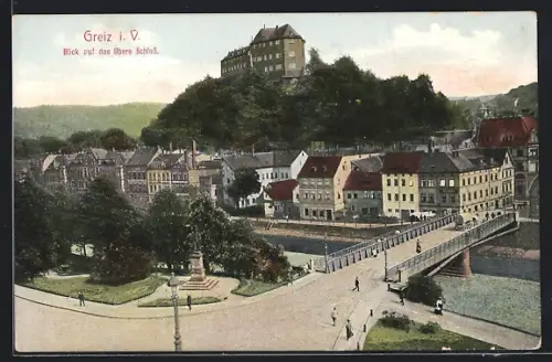 AK Greiz i. V., Oberes Schloss mit Umgebung und Brücke aus der Vogelschau