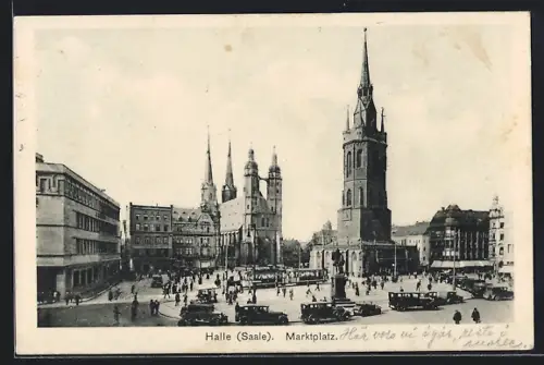 AK Halle /Saale, Marktplatz mit Autos, Strassenbahn und Kirche