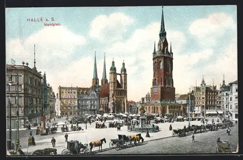 AK Halle a. S., Marktplatz mit Pferdefuhrwerken und Kirche
