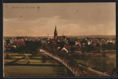AK Haltern i. W., Totalansicht aus der Vogelschau mit Kirche