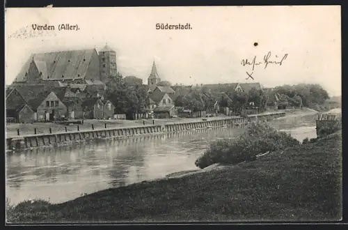 AK Verden /Aller, Blick über den Fluss auf die Süderstadt