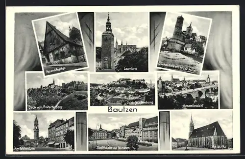 AK Bautzen, Gesamtansicht, Hexenhäuschen, Schloss Ortenburg, Petrikirche, Stadttheater