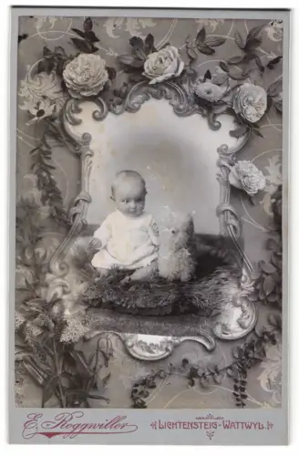 Fotografie E. Roggwiller, Lichtensteig-Wattwyl, Kabinett Fotografie eines Kleinkinds mit Stofftier, Passepartout