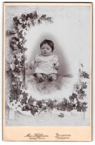 Fotografie Max Hoffmann, Pulsnitz, Bärengarten, sitzendes Kleinkind mit Blumendekor, Passepartout