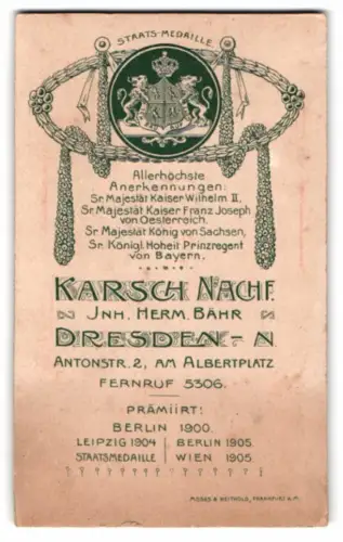 Fotografie Karsch Nachf., Dresden, Antonstr. 2, Kgl. Wappen über Anschrift des Atelier