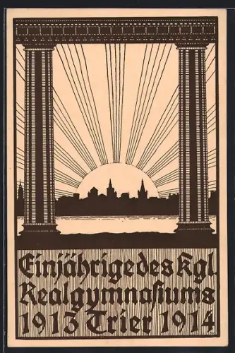 AK Trier, Einjährige des Kgl. Realgymnasiums 1914, Sonnenaufgang über der Stadt