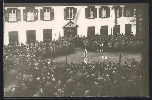 Foto-AK Breisach, Reichsbannertreffen 1924, Versammelte Menge mit Fahnen