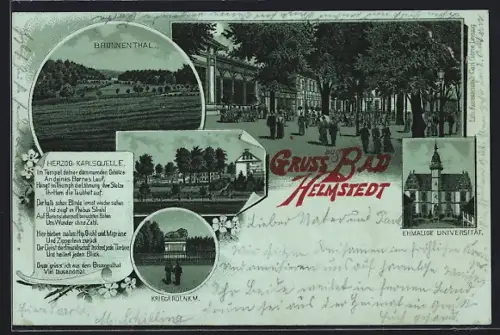 Mondschein-Lithographie Bad Helmstedt, Universität, Kriegerdenkmal und Brunnenthal