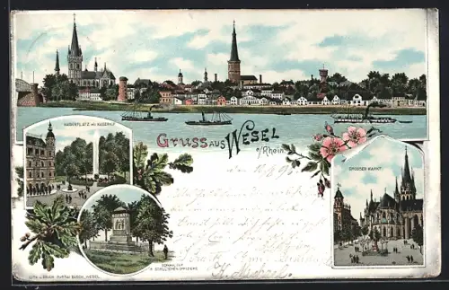 Lithographie Wesel a. Rhein, Kaiserplatz mit Kaiserhof, Denkmal der 11 Schill`schen Offiziere, Grosser Markt