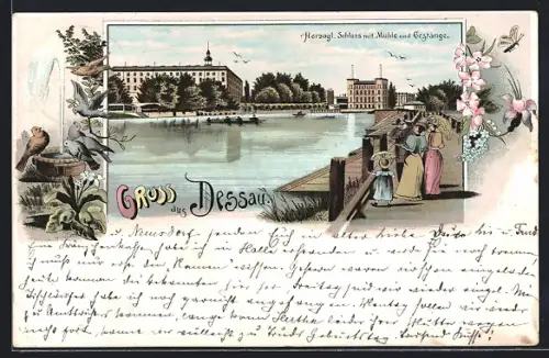 Lithographie Dessau, Herzogl. Schloss mit Mühle und Gestänge