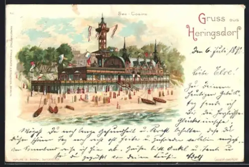 Lithographie Heringsdorf / Ostseebad, Blick auf See-Casino