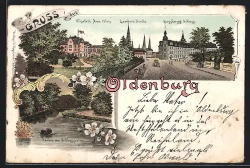 Lithographie Oldenburg / Gr., Elisabeth Anna Palais, Lambertikirche, Grossherzogl. Schloss, Partie am Schlossgarten