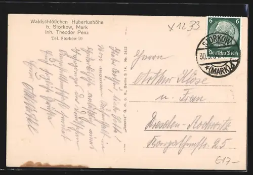 AK Storkow / Mark, Gasthaus Waldschlösschen Hubertushöhe v. T. Penz