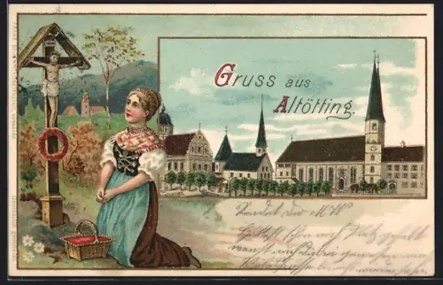 Passepartout-Lithographie Altötting, Ortspartie, Frau in Tracht betet vor Heiligenbild