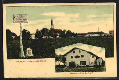 AK Unterneukirchen, Handlung von Alois Starflinger, Ortspartie mit Kirche