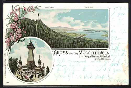 Lithographie Berlin-Köpenick, Gasthof mit Müggelthurm, Blick nach Marienlust