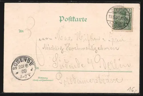 Lithographie Berlin-Rauchfangswerder, Gasthaus Waldhaus v. E. Rutkowsky, Blick auf Zeuthen, Segelboote, Ruderboot