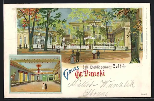 AK Berlin-Tiergarten, Gasthaus Zelt 4 v. C. Demski, Aussen- u. Innenansicht